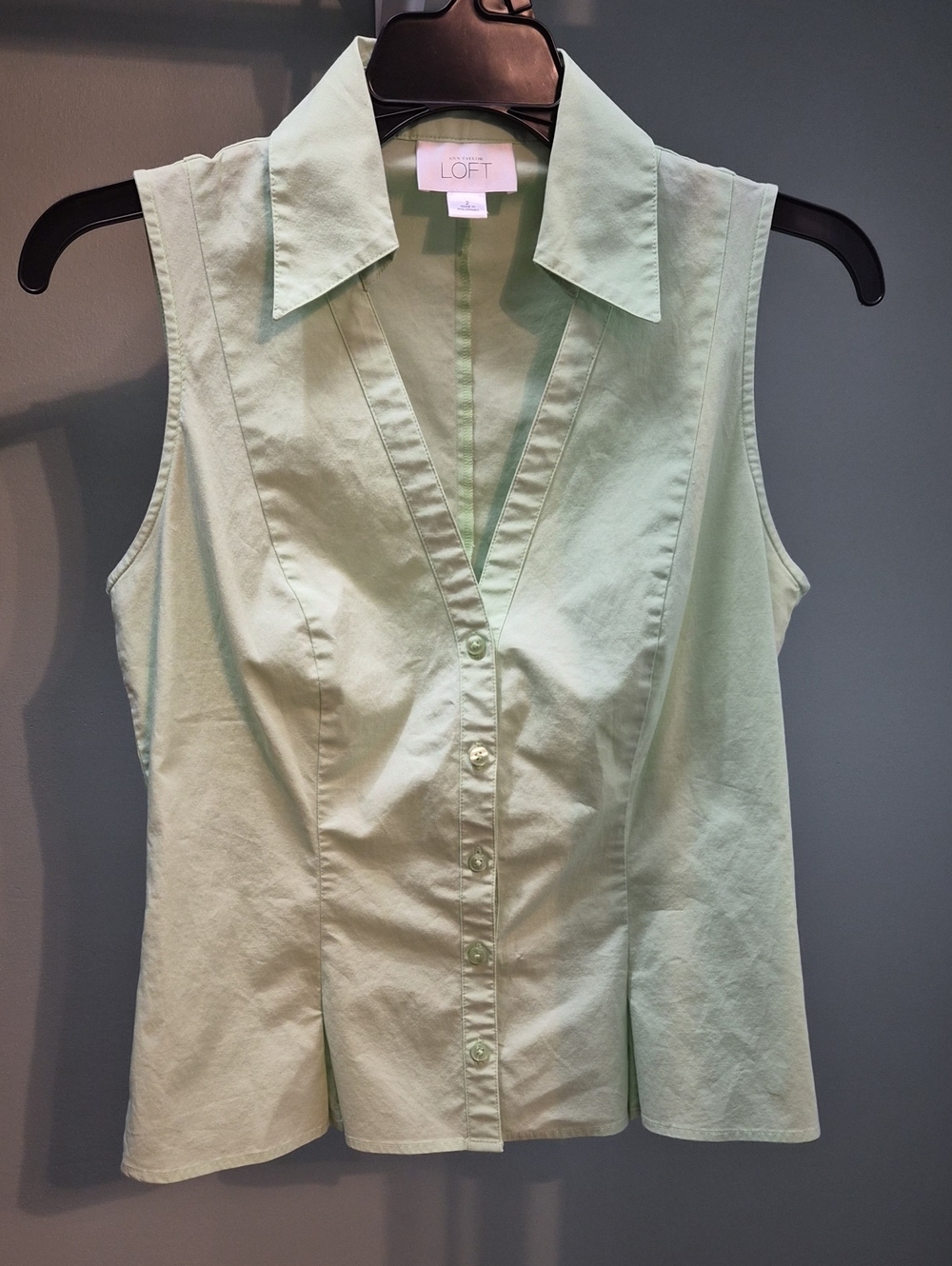 LOFT Pastel Green Sleeveless Button-Down Collared Top
